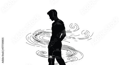 Man in silhouette walks through swirling abstract patterns, conveying a sense of introspection or creative flow.
