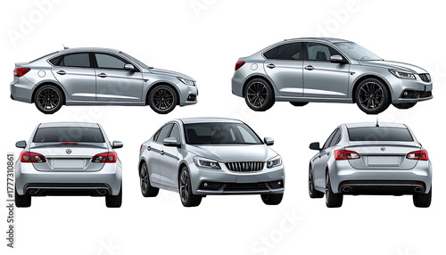 Silver sedan views sides, front, back, angled. Black background