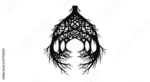 Intricate black tree root silhouette forming a symmetrical, organic archway on a white background.