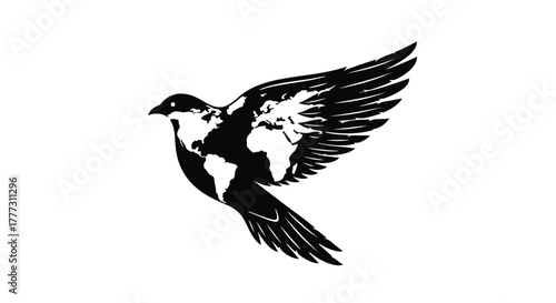 Bird with wings spread, body adorned with a world map, symbolizing global connection and freedom.