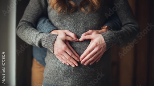 A pregnant person's belly is framed with hands forming a heart, other person's arms around