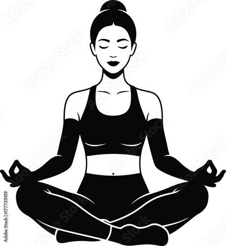 Meditation Silhouette Vector – Female Athlete in Cross-Legged Pose with Mudra for Wellness, Mindfulness & Fitness Branding