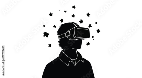 Person immersed in virtual reality, experiencing digital world with floating abstract shapes