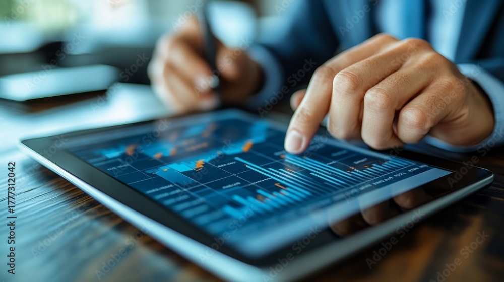 Fototapeta premium A focused person examines graphs on a tablet during work hours