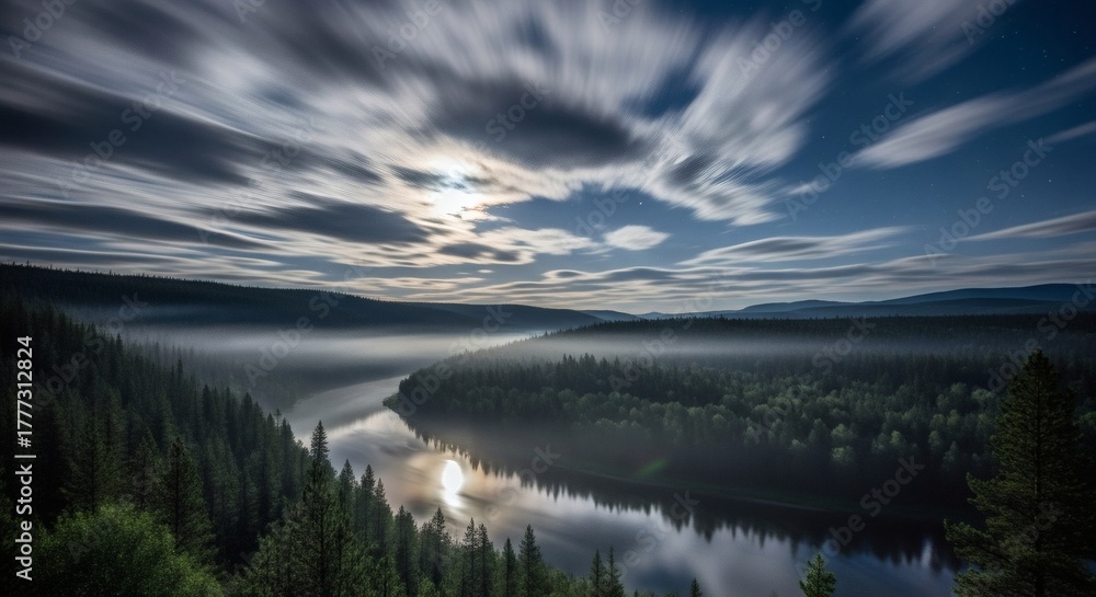 Fototapeta premium A winding river flows through a dense forest under a moonlit sky with streaking clouds