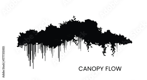 Silhouette of lush jungle foliage with cascading vines against a white background, evoking a sense of wild growth.