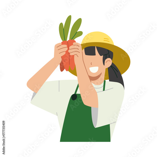 Happy young female farmer holding carrot harvest with apron and wide-brim hat. Flat character illustration isolated on white background