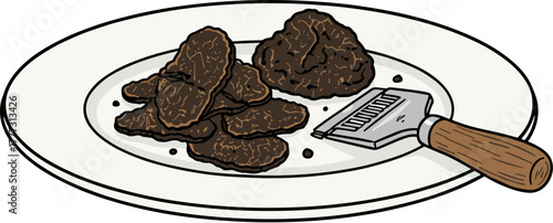 Handdrawn Delicious Truffle Slices on Plate with Grater Illustration