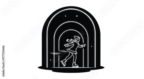 Joyful figure skater gliding through an arched winter wonderland under starry sky.