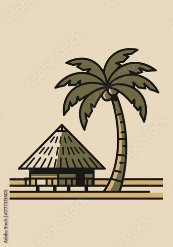 Stylized illustration of a tropical beach scene with a traditional hut and a tall palm tree.