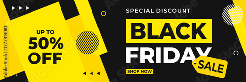 Black Friday sale banner with black and yellow modern geometric background, up to 50% off, suitable for sales promotion, marketing ads, e-commerce, events, social media, web and header