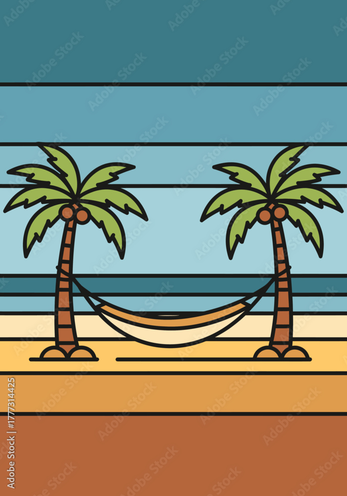 Fototapeta premium Minimalist graphic illustration featuring two palm trees with a hammock on a striped background, symbolizing tropical relaxation and vacation.