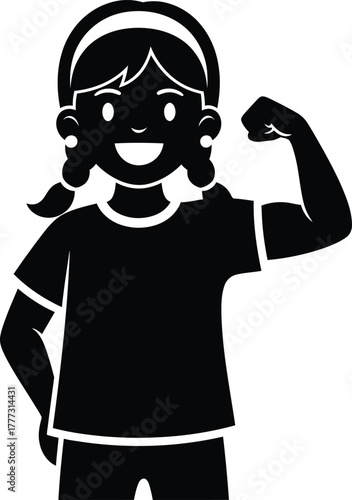 Empowered Girl Silhouette Vector – Smiling Child with Flexed Arm & Headband for Youth, Wellness & Motivation Branding