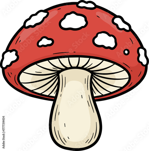 Handdrawn Cartoon Style Amanita Mushroom Illustration with White Spots and Gills