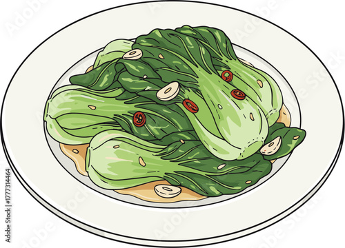 Handdrawn Style Bok Choy Stir Fry Illustration on White Plate