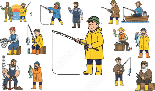 Fishermen Characters Collection — Cartoon Vector Illustrations of People Fishing, Catching Fish, and Boating