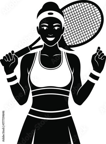 Tennis Player Silhouette Vector – Female Athlete with Racket Over Shoulder in Confident Stance for Sports, Fitness & Apparel Branding