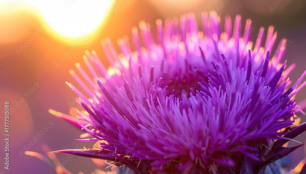 Obraz premium Close up Of A Pink Thistle Flower At Sunset With Golden Sun Flare And Bokeh Background
