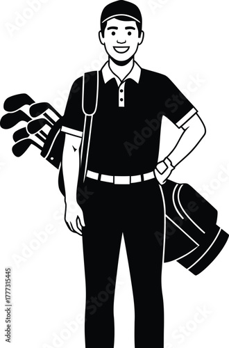 Golfer Silhouette Vector – Smiling Athlete with Golf Bag Over Shoulder for Sports, Leisure & Apparel Branding