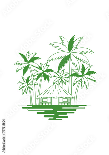 Stylized green illustration of a tropical hut surrounded by palm trees on an island, evoking a serene vacation or beach resort scene.
