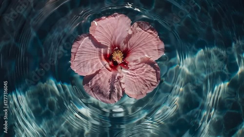 Single Pink Hibiscus Flower Floating Calmly On Rippling Blue Water Surface With Sunlight Reflections