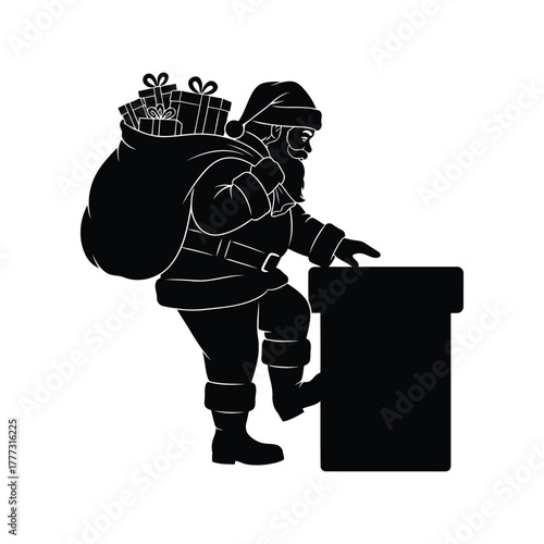 Santa claus climbing chimney with presents silhouette vector for christmas holiday isolated on white background, Vector