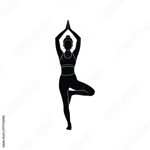Female yoga tree pose silhouette illustration for wellness, balance, meditation and fitness designs isolated on white background, Vector