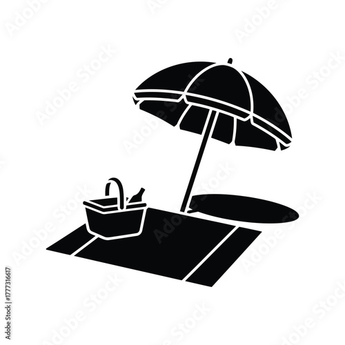 Beach picnic silhouette icon vector. summer vacation umbrella mat basket bottle graphic. isolated on white background, Vector