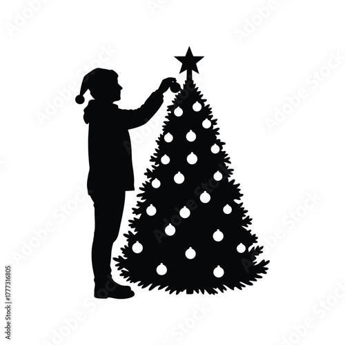 Person decorating christmas tree silhouette, festive holiday ornament placement vector isolated on white background, Vector