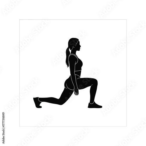 Female athlete lunging silhouette: fitness workout exercise vector icon design isolated on white background, Vector