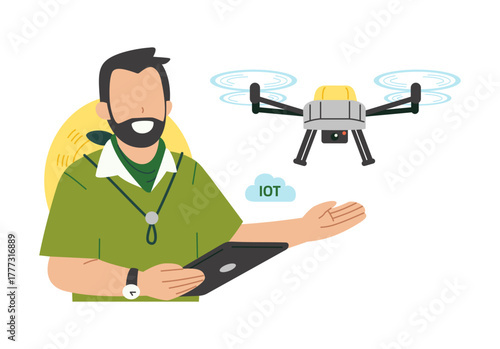Smart farmer operating agricultural drone with IoT device. Concept for Agri-tech. Flat character illustration isolated on white background