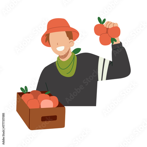 Fruit farmer carrying a wooden crate of apples. Flat character illustration isolated on white background