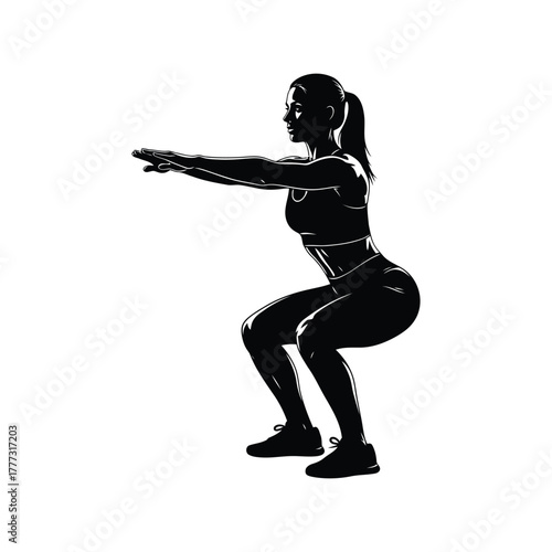 Woman squatting silhouette: fitness, gym workout, athletic training, exercise vector isolated on white background, Vector