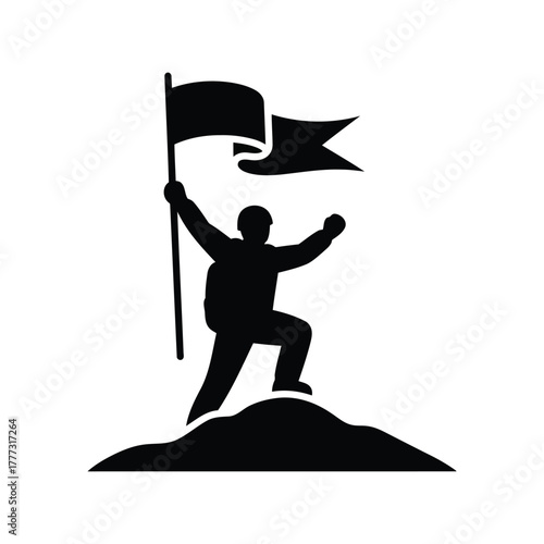 Achievement icon of person on mountain top with flag. success, leadership, goal attainment symbol isolated on white background, Vector