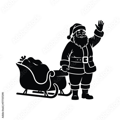 Happy santa claus waving by sleigh with gifts   christmas holiday season vector icon isolated on white background, Vector