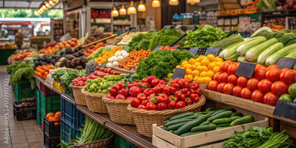Fototapeta premium Bountiful market stall display of fresh vegetable and fruit. This abundance of organic produce at grocery store celebrates local food sovereignty and healthy eating choice