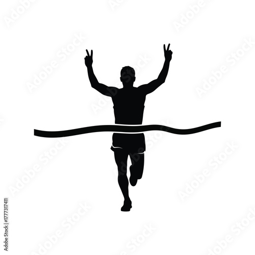 Runner crossing finish line vector silhouette, athlete celebrating victory with peace sign isolated on white background, Vector