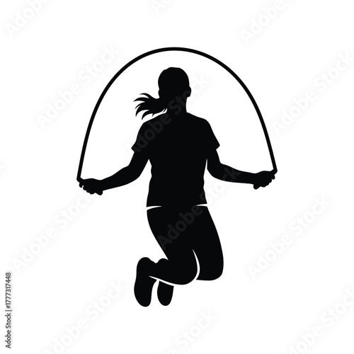 Dynamic woman jumping rope silhouette, fitness exercise workout vector graphic icon isolated on white background, Vector