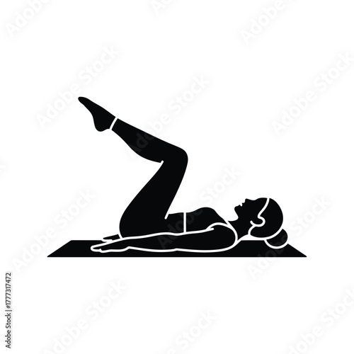Pilates exercise woman leg raises yoga mat core workout icon isolated on white background, Vector