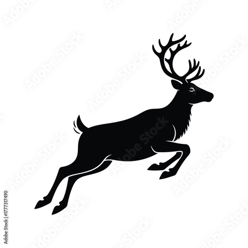 Dynamic leaping deer silhouette vector. black stag jumping icon. wildlife animal logo design. isolated on white background, Vector