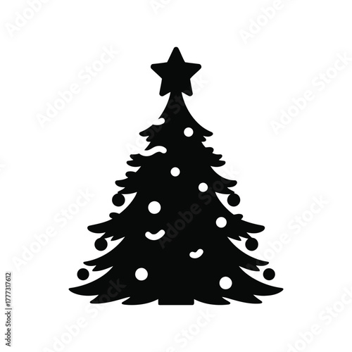 Classic christmas tree silhouette icon isolated with star and ornaments isolated on white background, Vector
