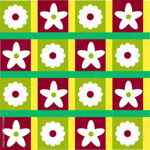 Seamless Retro Floral Pattern – Colorful Geometric Flower Vector Background A vibrant seamless retro floral pattern featuring white geometric flowers arranged in alternating square blocks. 
