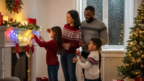 Women and family shopping for Christmas gifts in a mall smiling and enjoying the holiday season