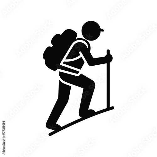 Hiking backpacking icon: uphill trekker with pole, outdoor adventure activity symbol isolated on white background, Vector