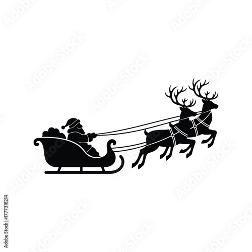 Christmas santa sleigh with reindeer icon vector   festive holiday black silhouette isolated on white background, Vector