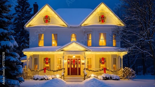 Winter village church and Christmas tree in snowy holiday scene