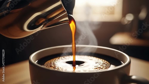 Various cups of coffee and cappuccino with milk and cream on a breakfast table