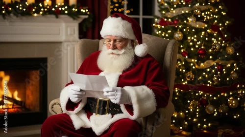Smiling young woman in Santa Claus hat celebrating Christmas near decorated tree