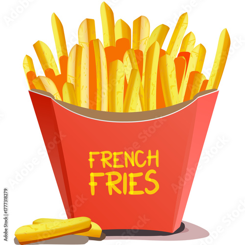 Red paper container overflowing with golden french fries and scattered fries on the side on a transparent background