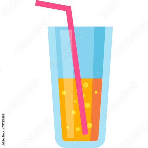 Refreshing Orange Juice Drink in a Tall Glass with Bubbles and a Pink Straw on a Transparent Background